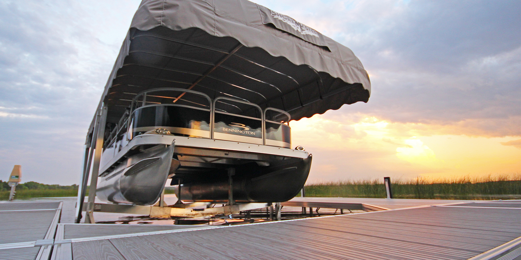 ShoreMaster Pontoon Lift with Gray Canopy Cover